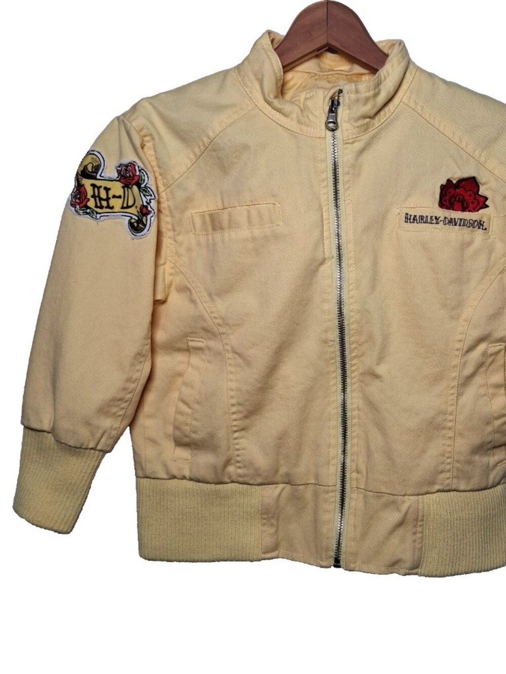 Harley Davidson Motorcycles Jacket Girls 5 Yellow Twill Tattoo Eagle Bird Rose - Picture 2 of 16